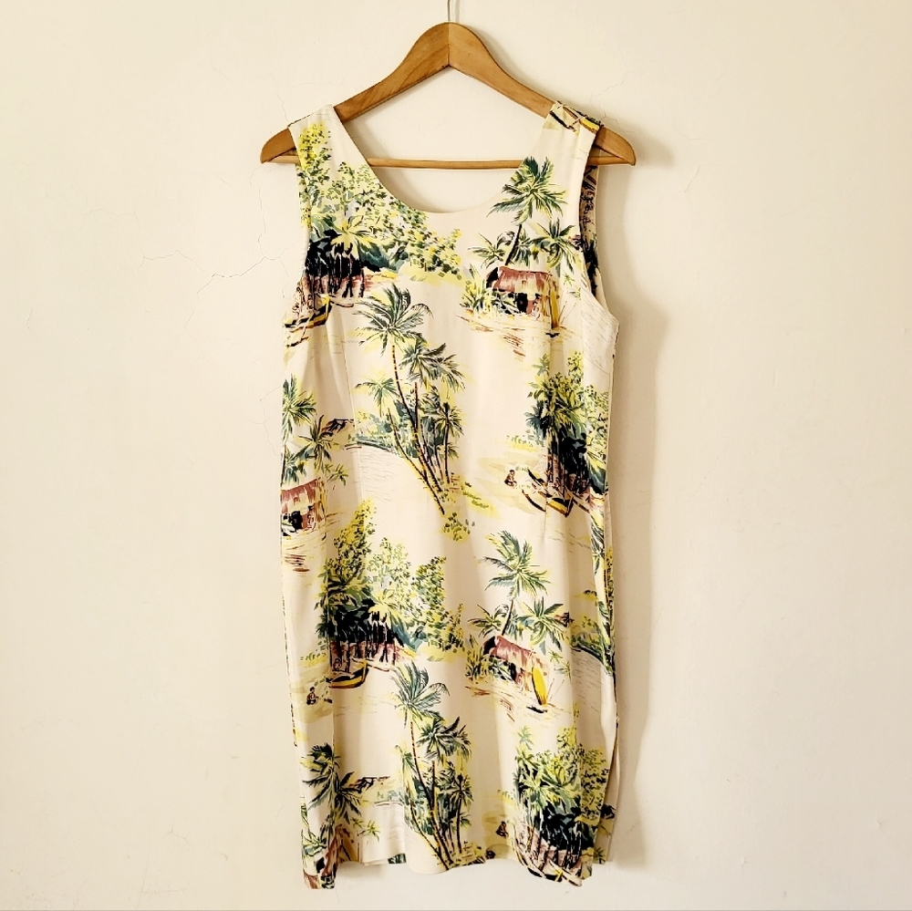 Tiki Classics 100% Silk Summer Dress Beige Palm Tree and Canoe Print Size L - Picture 8 of 8